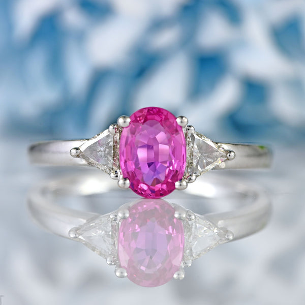 Ellibelle Jewellery Pink Sapphire & Trillion-Cut Diamond Platinum Three-Stone Engagement Ring