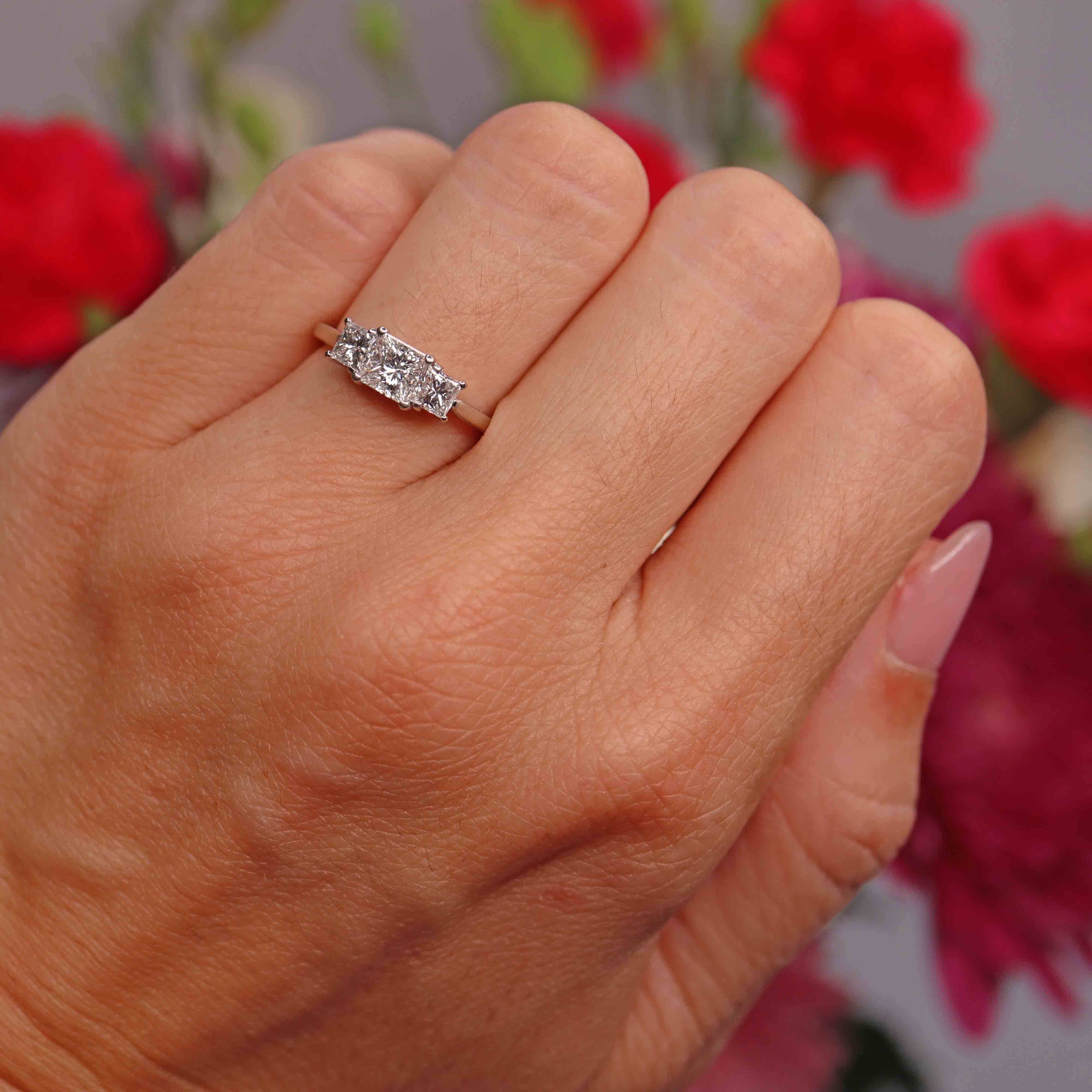 Ellibelle Jewellery Platinum 1 Carat Princess-Cut Diamond Three-Stone Trilogy Ring