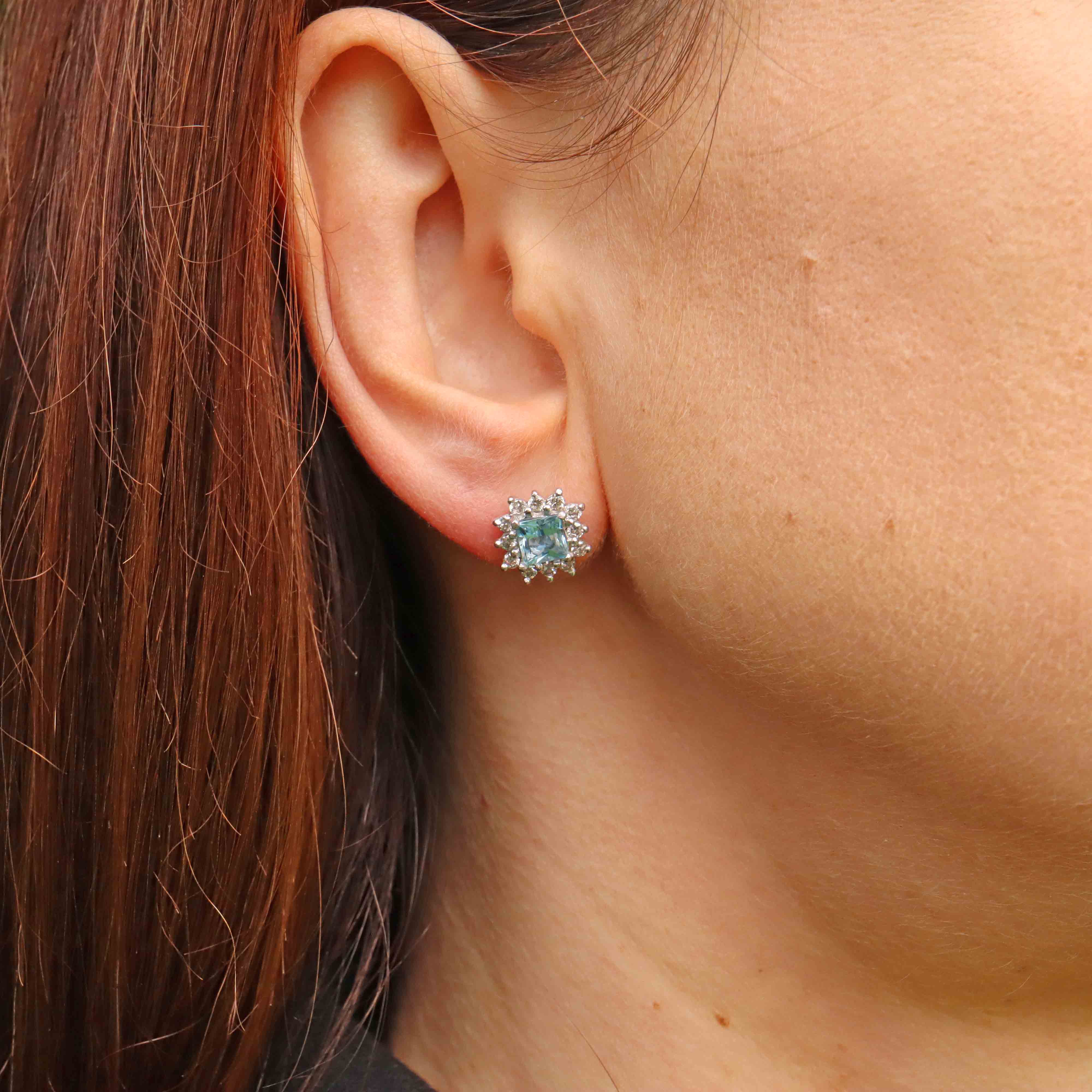 Ellibelle Jewellery Princess-Cut Aquamarine & Diamond 18ct White Gold Cluster Stud Earrings
