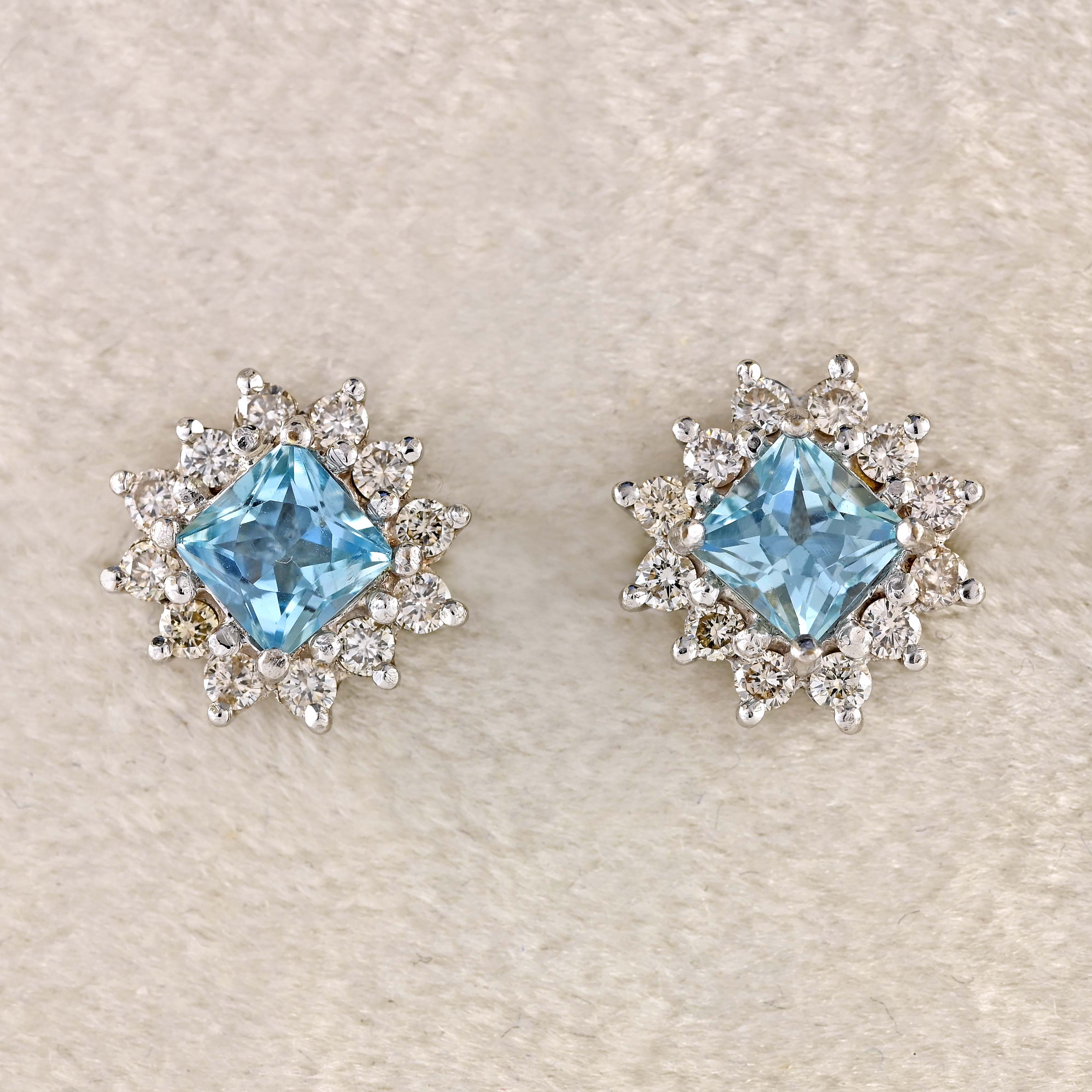 Ellibelle Jewellery Princess-Cut Aquamarine & Diamond 18ct White Gold Cluster Stud Earrings
