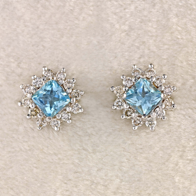 Ellibelle Jewellery Princess-Cut Aquamarine & Diamond 18ct White Gold Cluster Stud Earrings