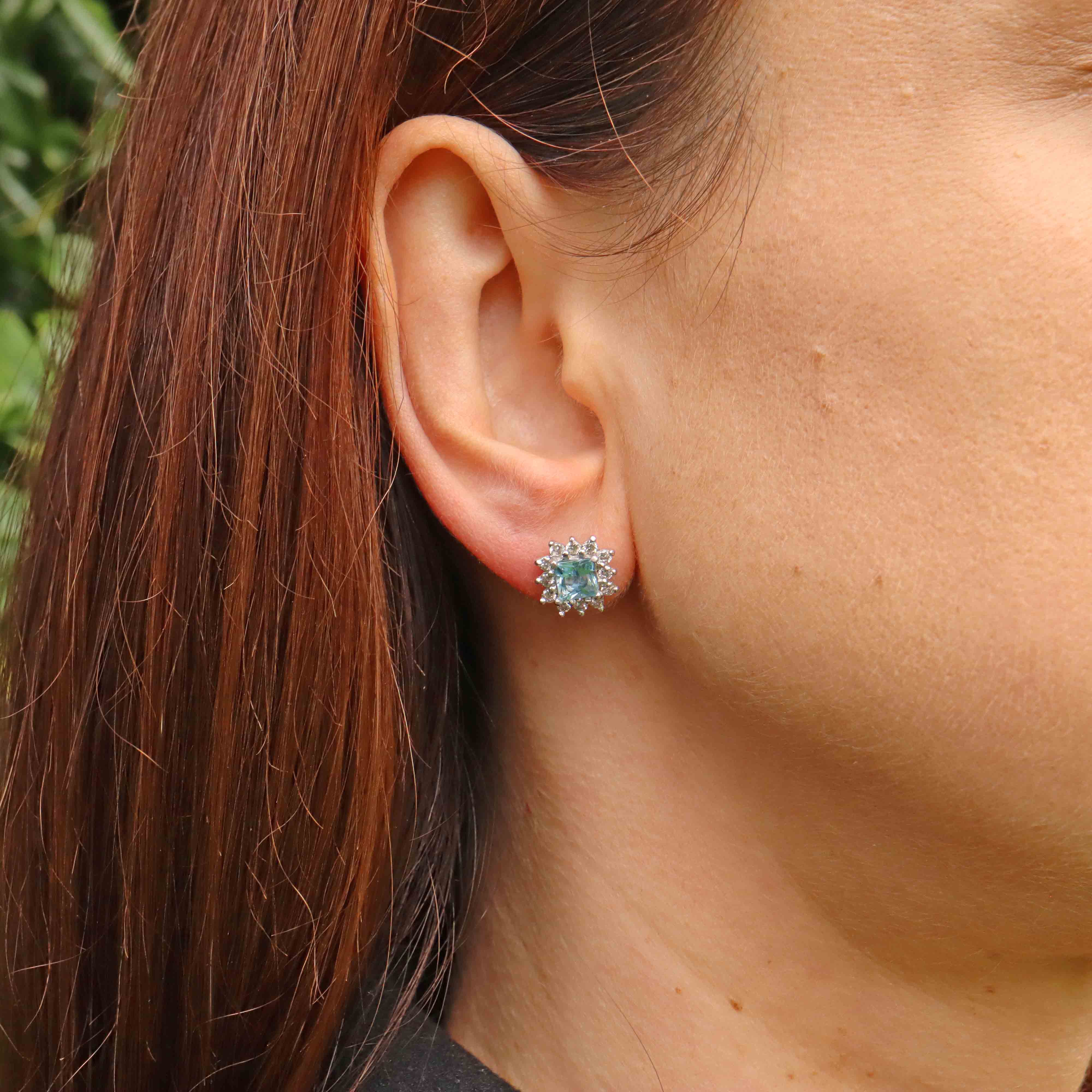 Ellibelle Jewellery Princess-Cut Aquamarine & Diamond 18ct White Gold Cluster Stud Earrings