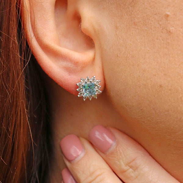 Ellibelle Jewellery Princess-Cut Aquamarine & Diamond 18ct White Gold Cluster Stud Earrings