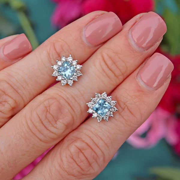 Ellibelle Jewellery Princess-Cut Aquamarine & Diamond 18ct White Gold Cluster Stud Earrings