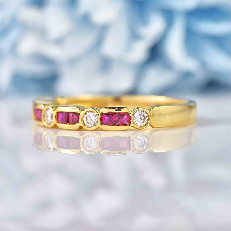 Ellibelle Jewellery Princess-Cut Ruby & Diamond 18ct Gold Half-Eternity Band Ring