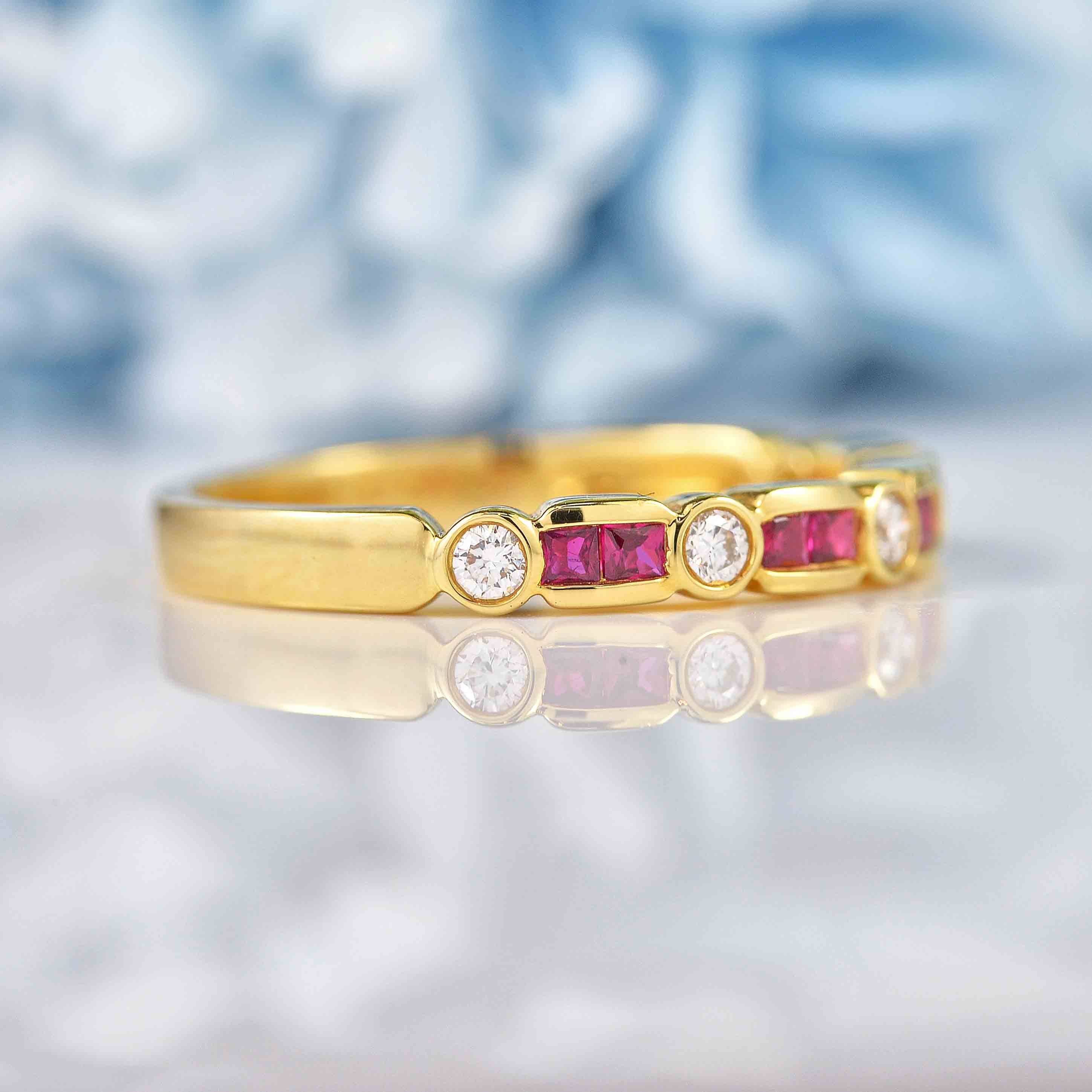 Ellibelle Jewellery Princess-Cut Ruby & Diamond 18ct Gold Half-Eternity Band Ring