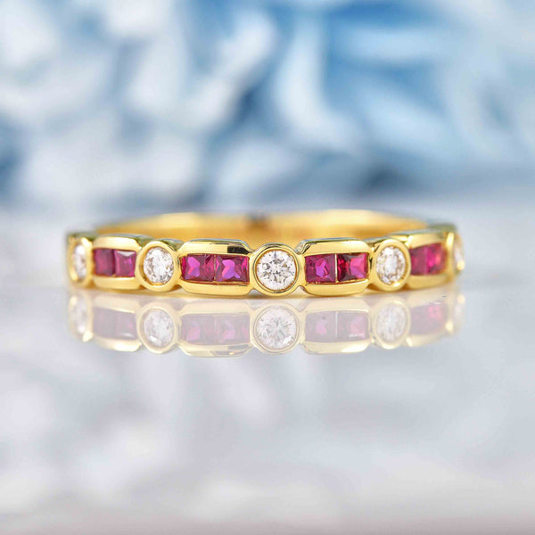 Ellibelle Jewellery Princess-Cut Ruby & Diamond 18ct Gold Half-Eternity Band Ring