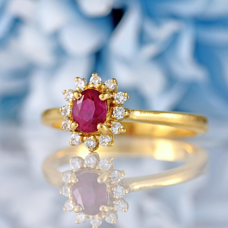 Ellibelle Jewellery Ruby & Diamond 18ct Gold Halo Cluster Ring