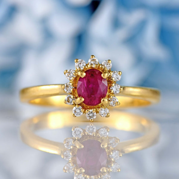 Ellibelle Jewellery Ruby & Diamond 18ct Gold Halo Cluster Ring