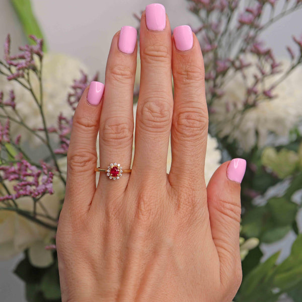 Ellibelle Jewellery Ruby & Diamond 18ct Gold Halo Cluster Ring