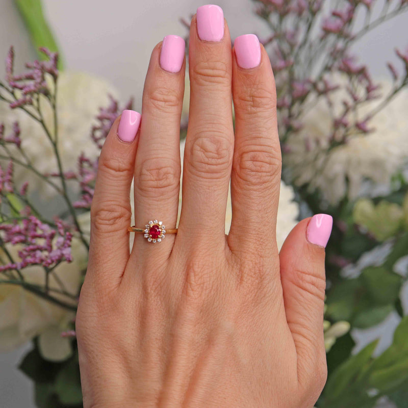Ellibelle Jewellery Ruby & Diamond 18ct Gold Halo Cluster Ring