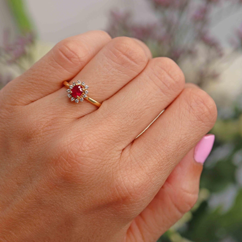 Ellibelle Jewellery Ruby & Diamond 18ct Gold Halo Cluster Ring