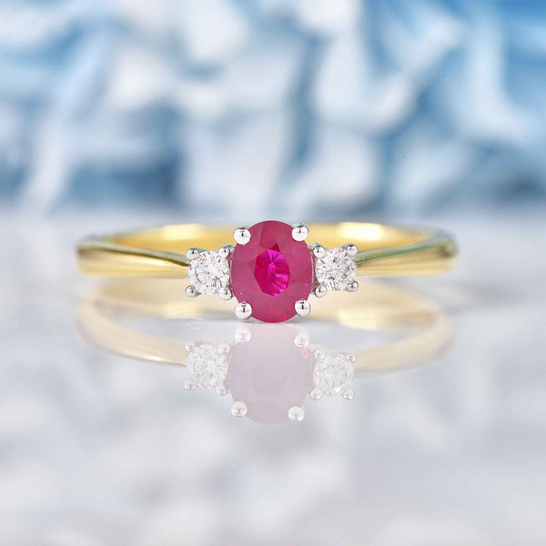 Ellibelle Jewellery Ruby & Diamond 18ct Gold Oval Three-Stone Engagement Ring (0.51ct)