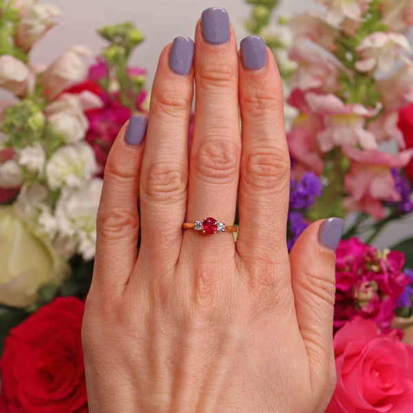 Ellibelle Jewellery Ruby & Diamond 18ct Gold Oval Three-Stone Engagement Ring (0.62ct)