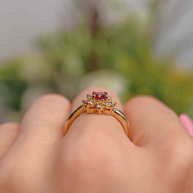 Ellibelle Jewellery Ruby & Diamond 18ct Gold Twist-Over Cluster Halo Ring