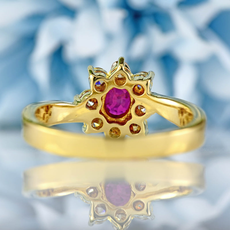 Ellibelle Jewellery Ruby & Diamond 18ct Gold Twist-Over Cluster Halo Ring