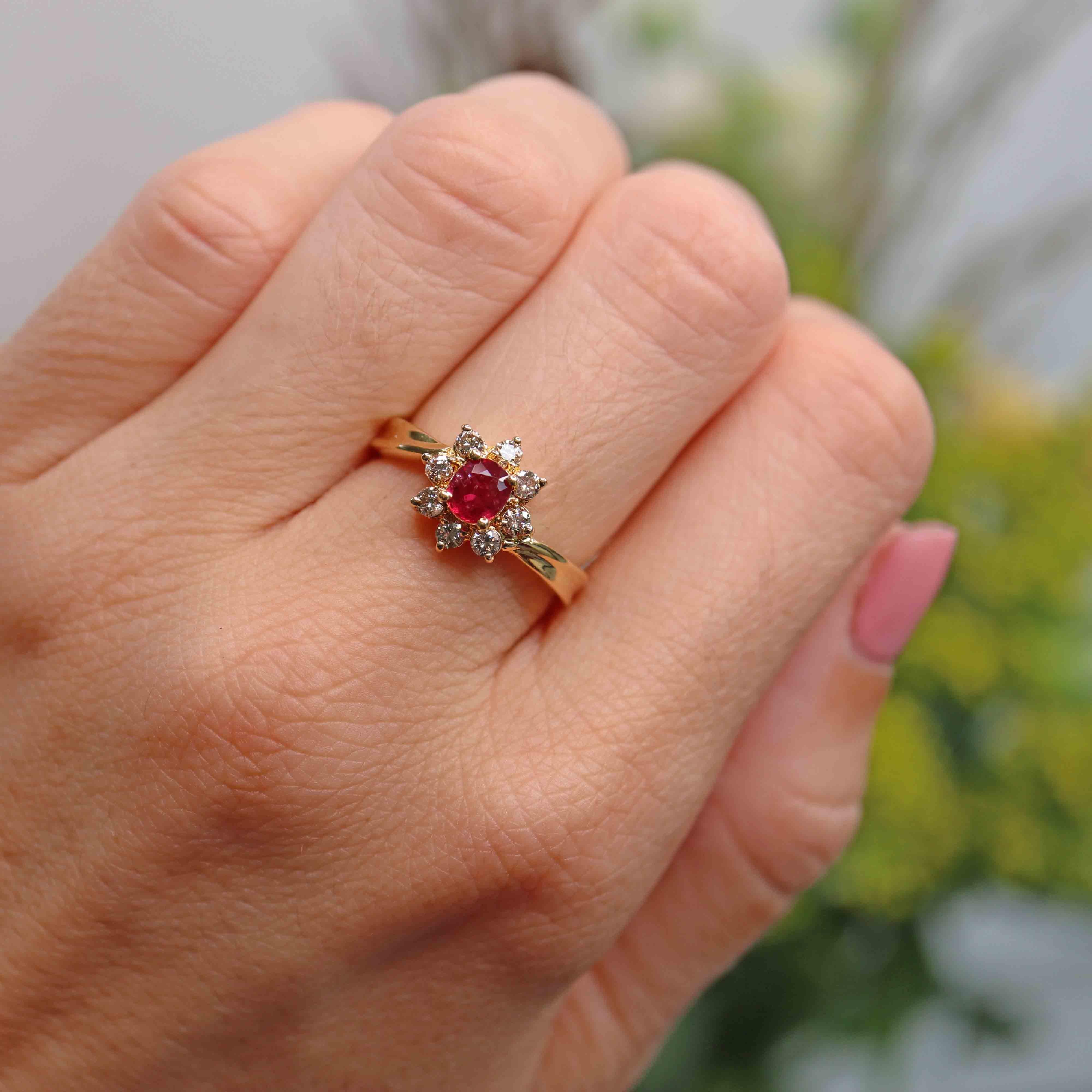 Ellibelle Jewellery Ruby & Diamond 18ct Gold Twist-Over Cluster Halo Ring