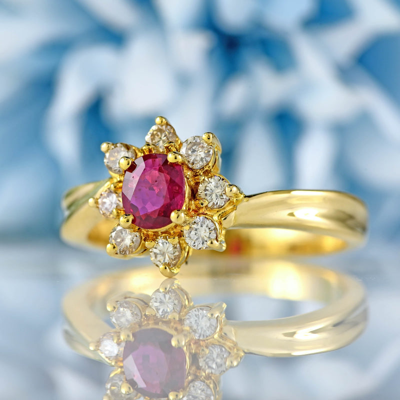 Ellibelle Jewellery Ruby & Diamond 18ct Gold Twist-Over Cluster Halo Ring