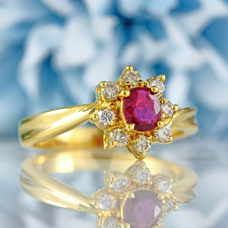 Ellibelle Jewellery Ruby & Diamond 18ct Gold Twist-Over Cluster Halo Ring