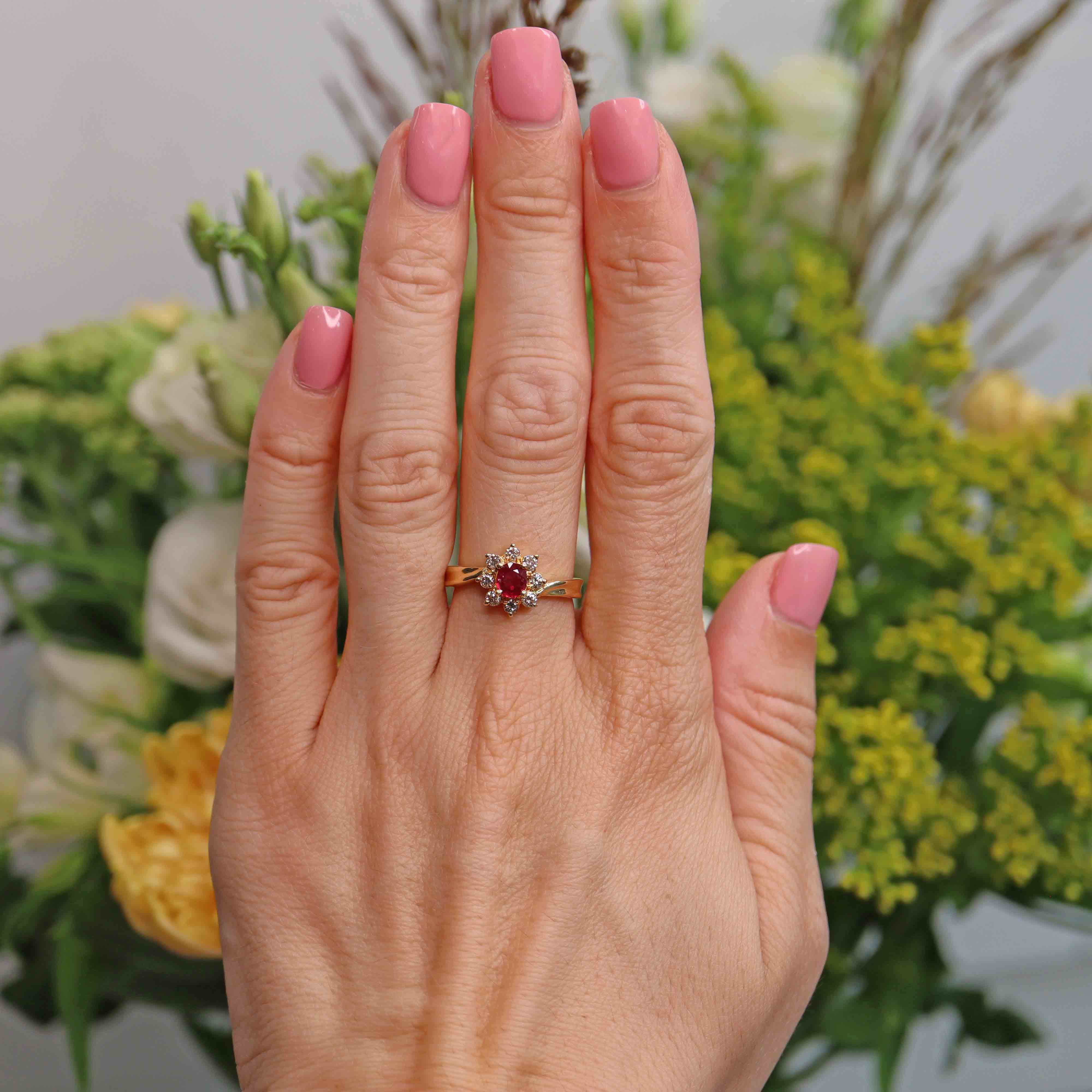 Ellibelle Jewellery Ruby & Diamond 18ct Gold Twist-Over Cluster Halo Ring