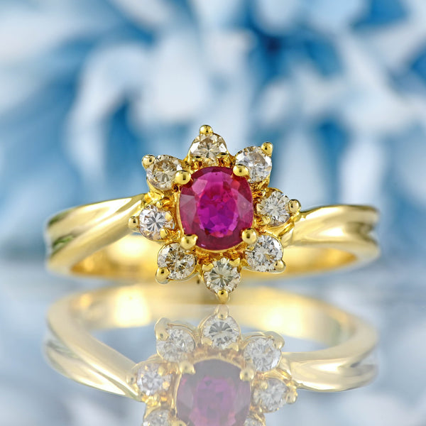 Ellibelle Jewellery Ruby & Diamond 18ct Gold Twist-Over Cluster Halo Ring