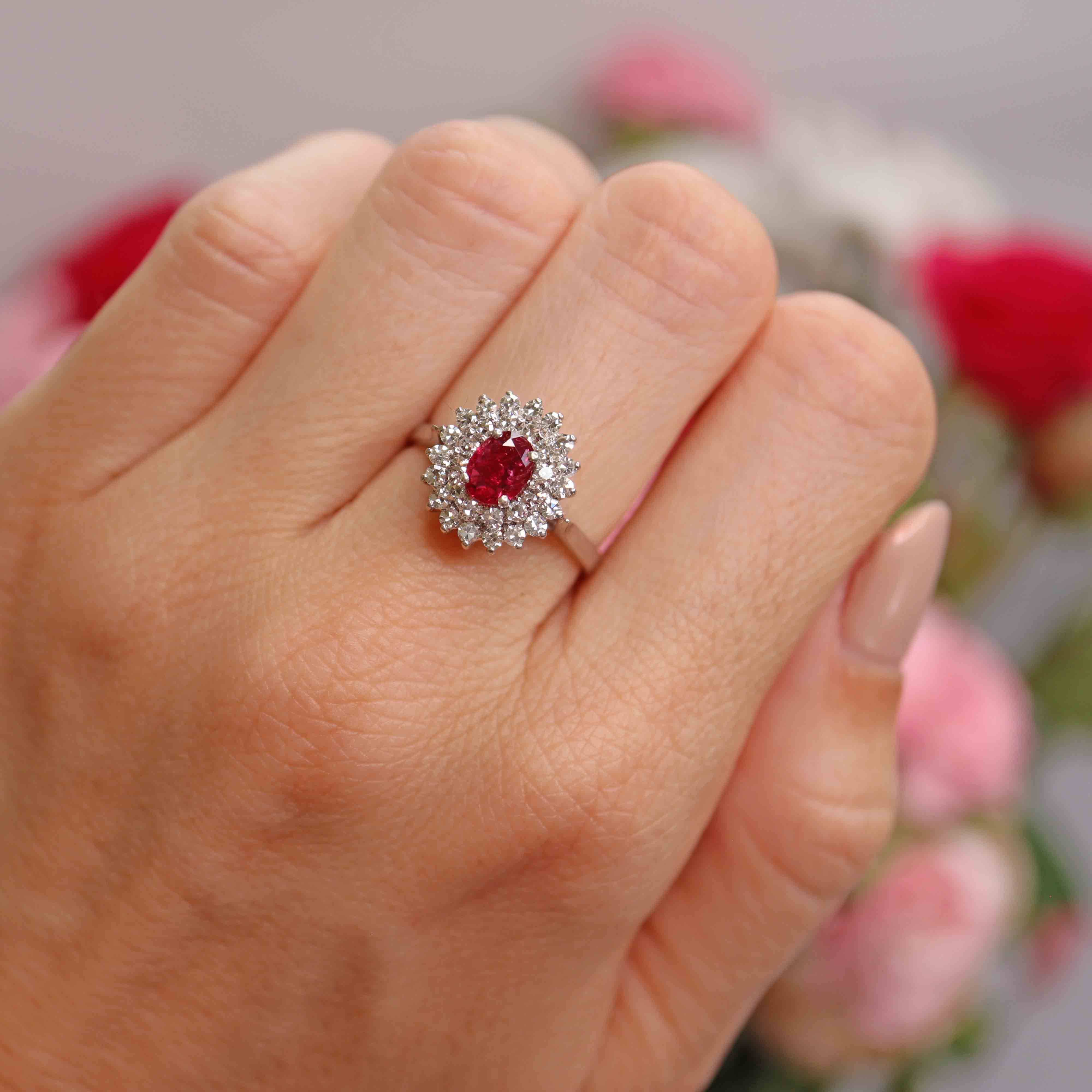Ellibelle Jewellery Ruby & Diamond 18ct White Gold Double Cluster Ring