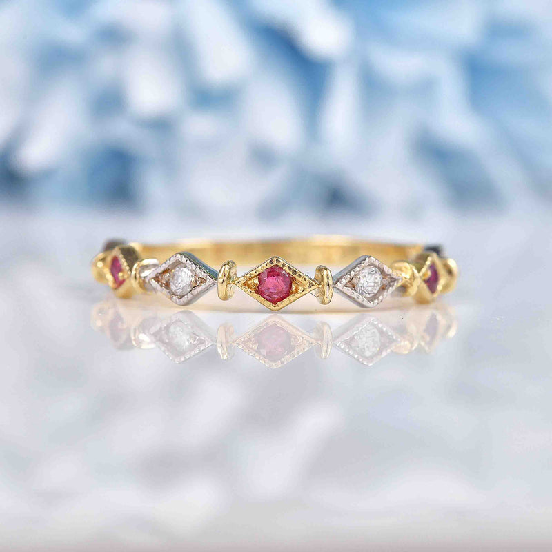 Ellibelle Jewellery Ruby & Diamond 9ct Gold Wavy Stacking Band Ring