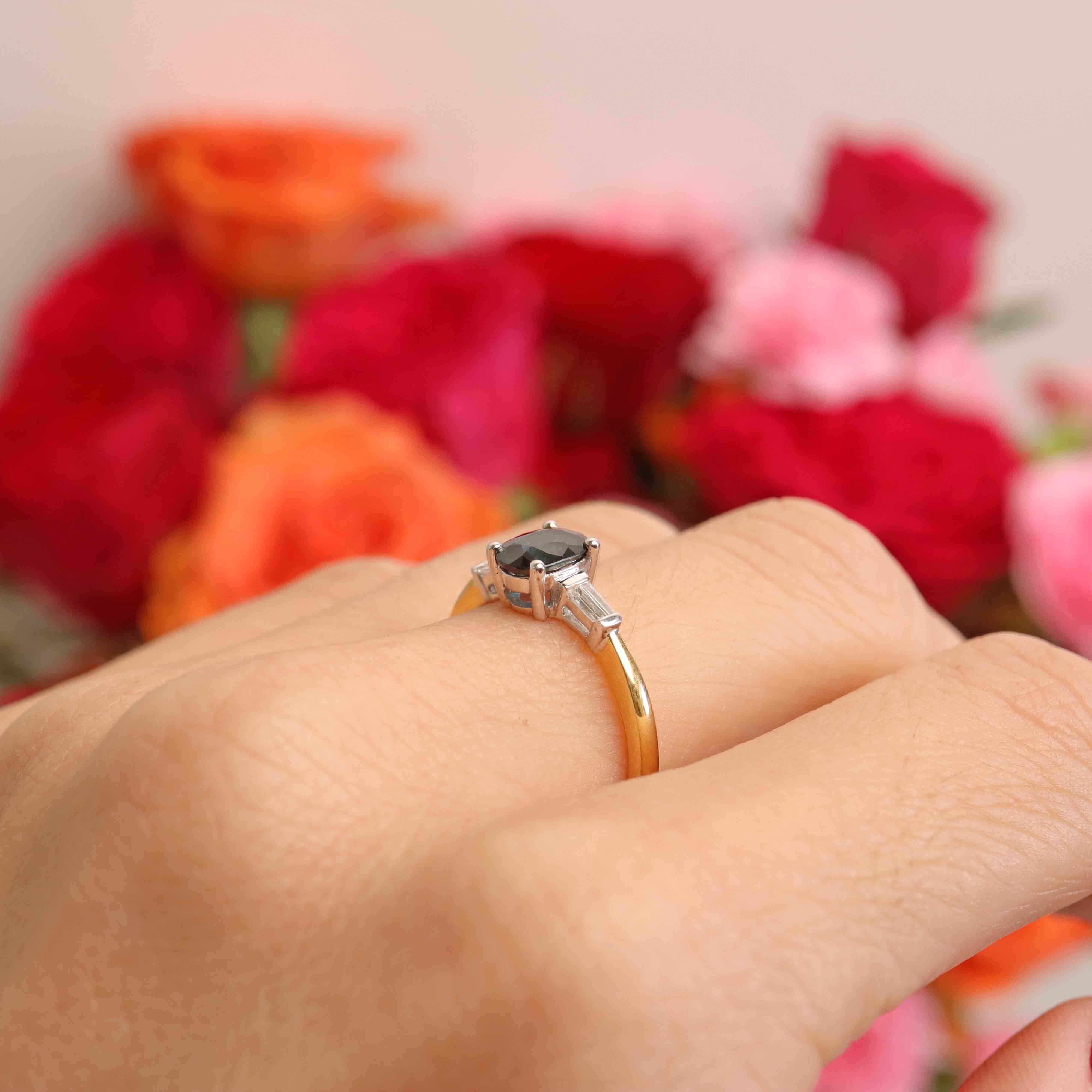 Ellibelle Jewellery Sapphire & Baguette-Cut Diamond 18ct Gold Engagement Ring