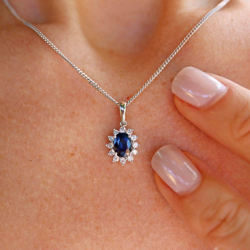 Ellibelle Jewellery Sapphire & Diamond 18ct White Gold Cluster Pendant Necklace