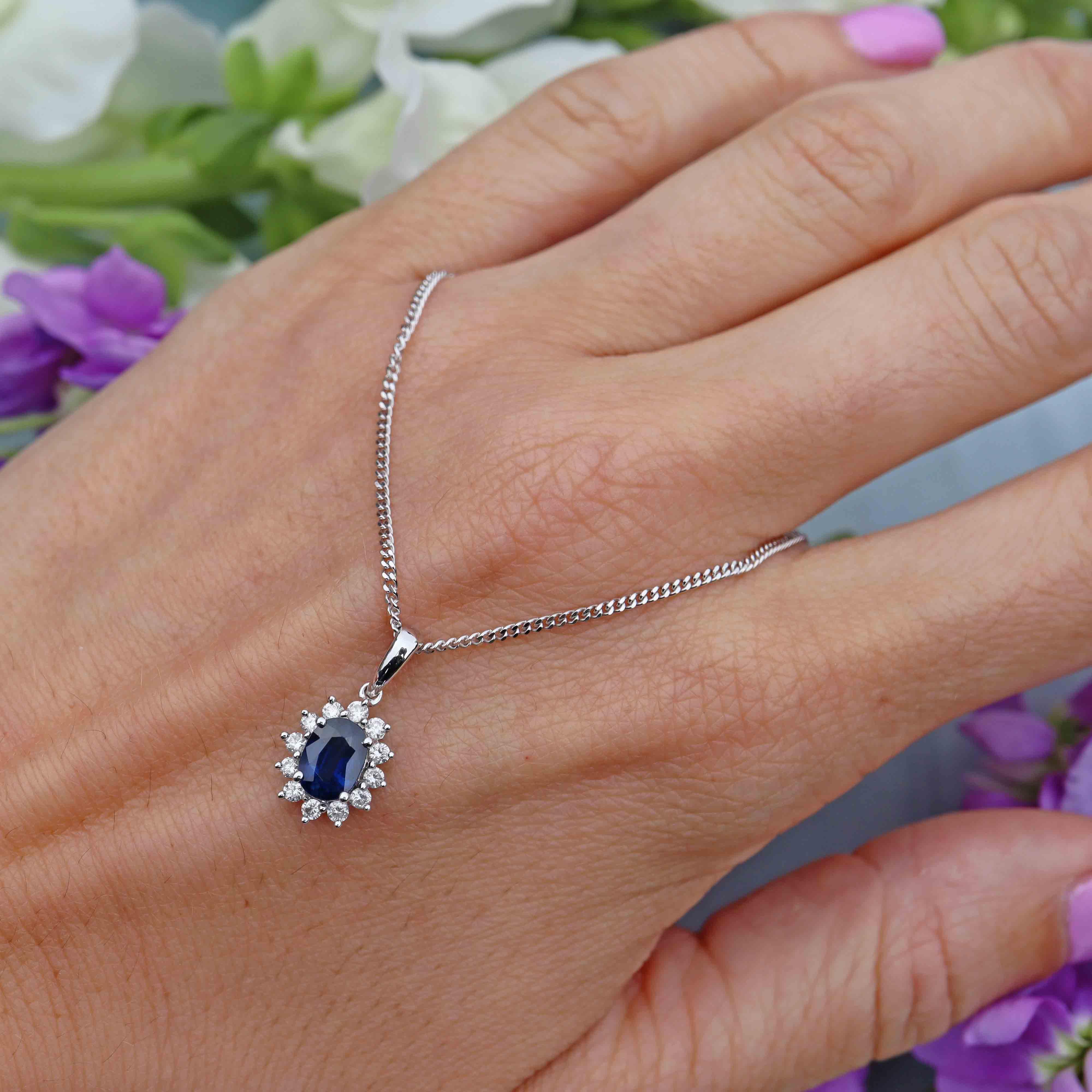 Ellibelle Jewellery Sapphire & Diamond 18ct White Gold Cluster Pendant Necklace