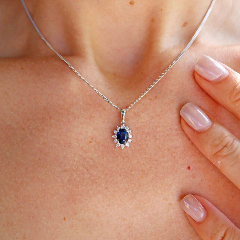 Ellibelle Jewellery Sapphire & Diamond 18ct White Gold Cluster Pendant Necklace