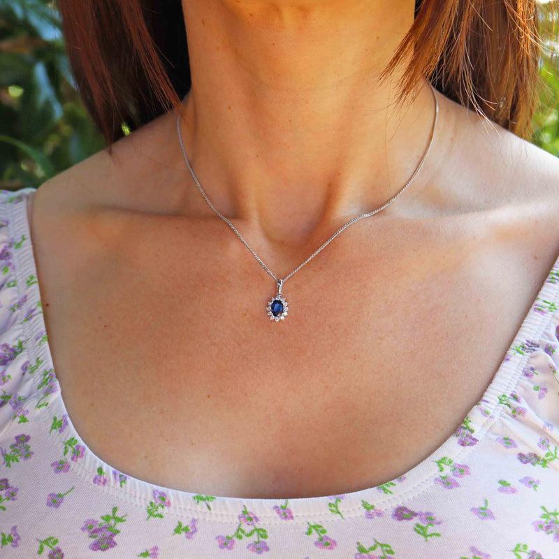 Ellibelle Jewellery Sapphire & Diamond 18ct White Gold Cluster Pendant Necklace