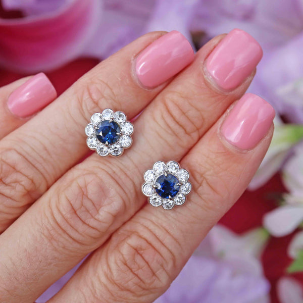 Ellibelle Jewellery Sapphire & Diamond 18ct White Gold Floral Cluster Stud Earrings