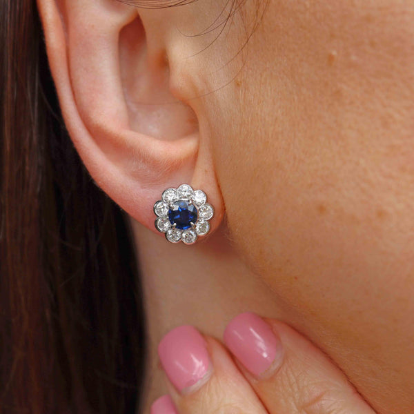Ellibelle Jewellery Sapphire & Diamond 18ct White Gold Floral Cluster Stud Earrings