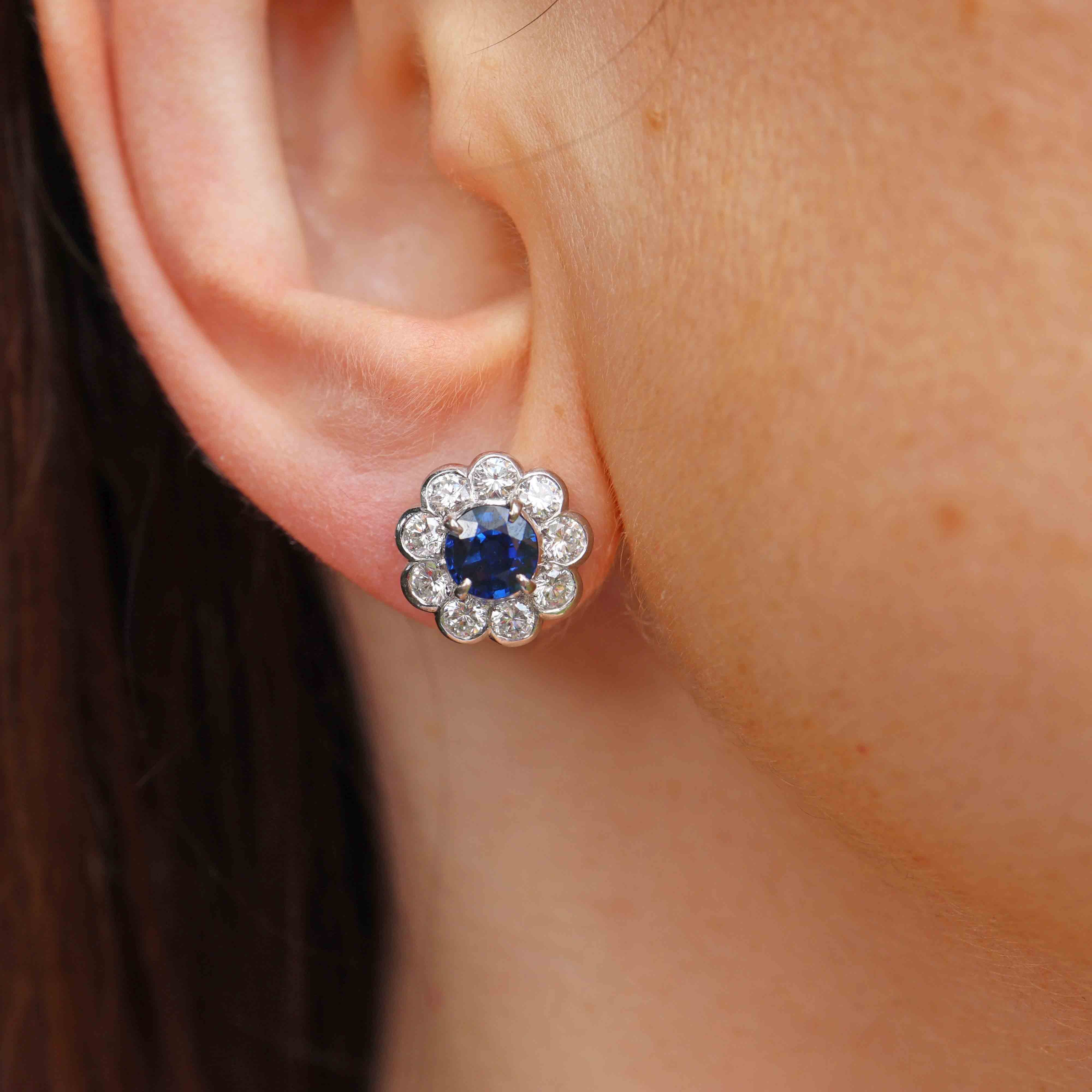 Ellibelle Jewellery Sapphire & Diamond 18ct White Gold Floral Cluster Stud Earrings