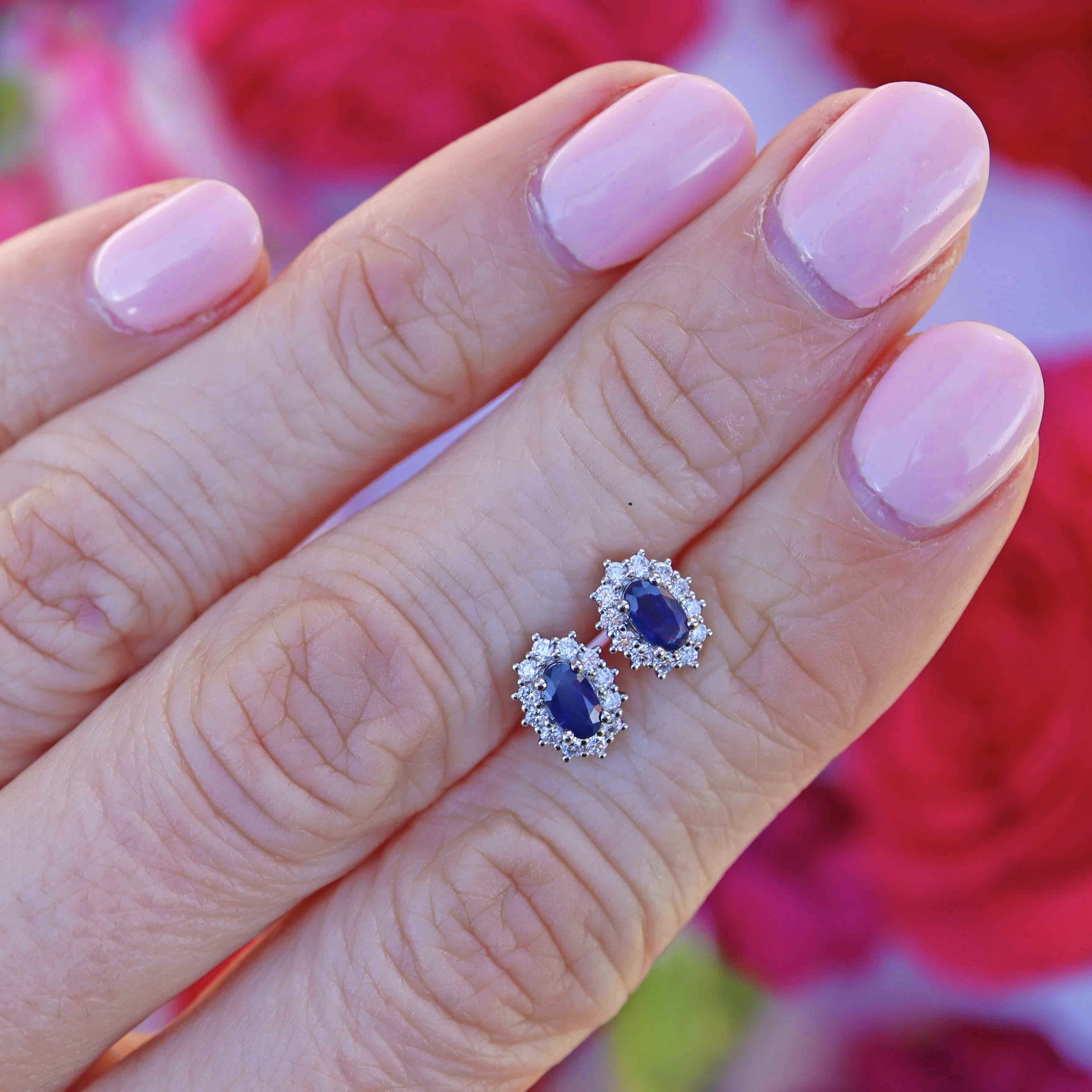 Ellibelle Jewellery Sapphire & Diamond Platinum Oval Cluster Stud Earrings