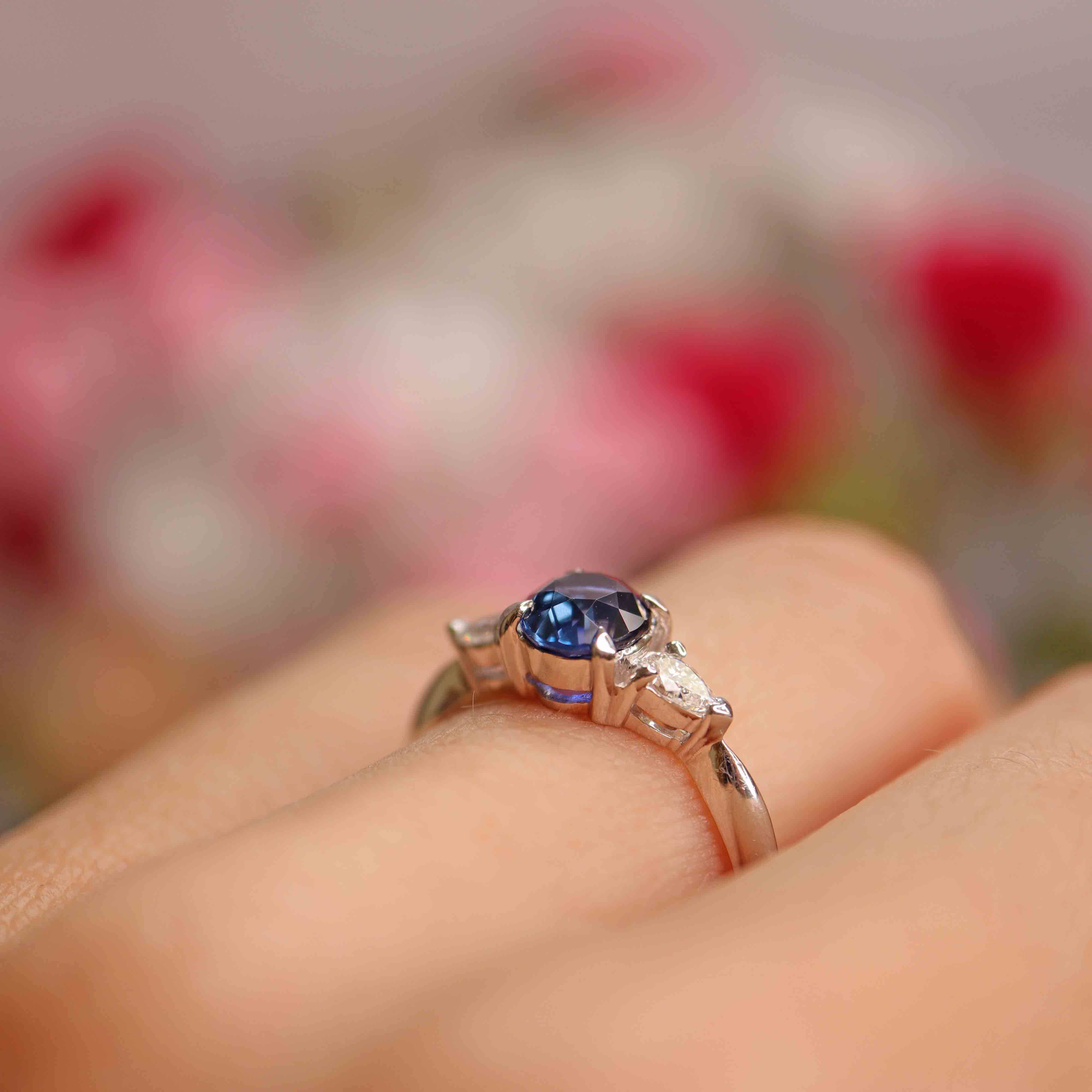 Ellibelle Jewellery Sapphire & Pear-Cut Diamond Platinum Three-Stone Engagement Ring