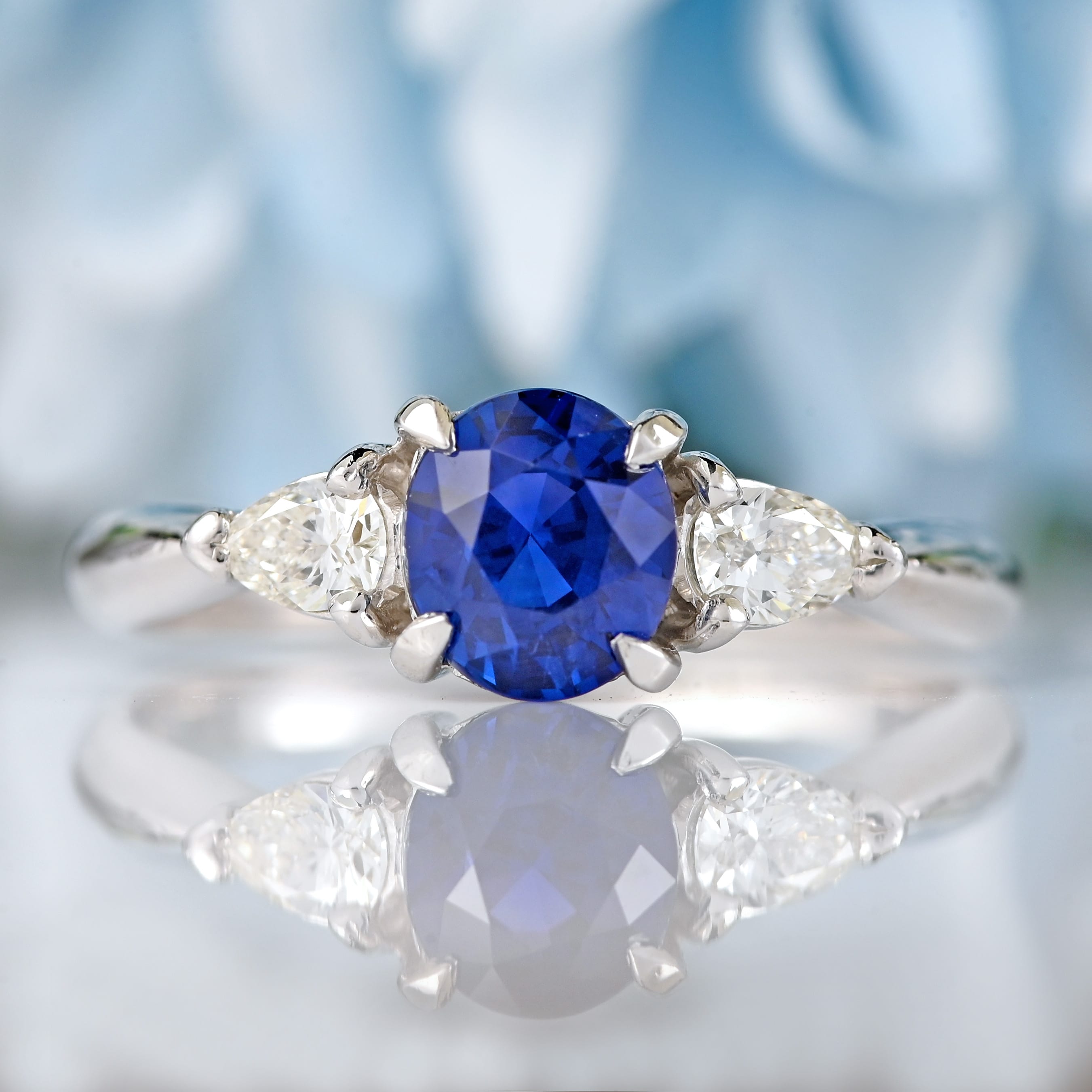 Ellibelle Jewellery Sapphire & Pear-Cut Diamond Platinum Three-Stone Engagement Ring