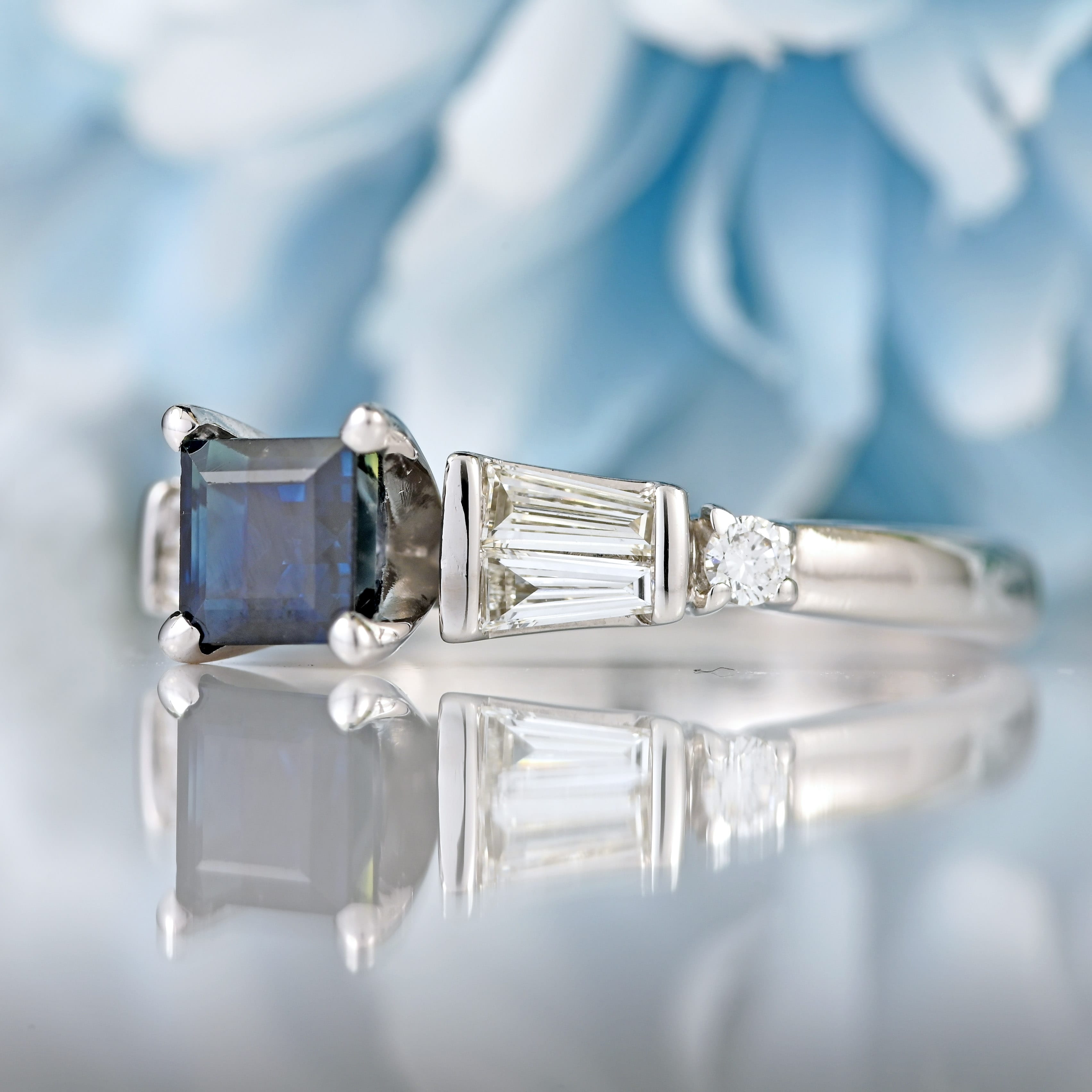Ellibelle Jewellery Square-Cut Sapphire & Vari-Cut Diamond 18ct White Gold Ring
