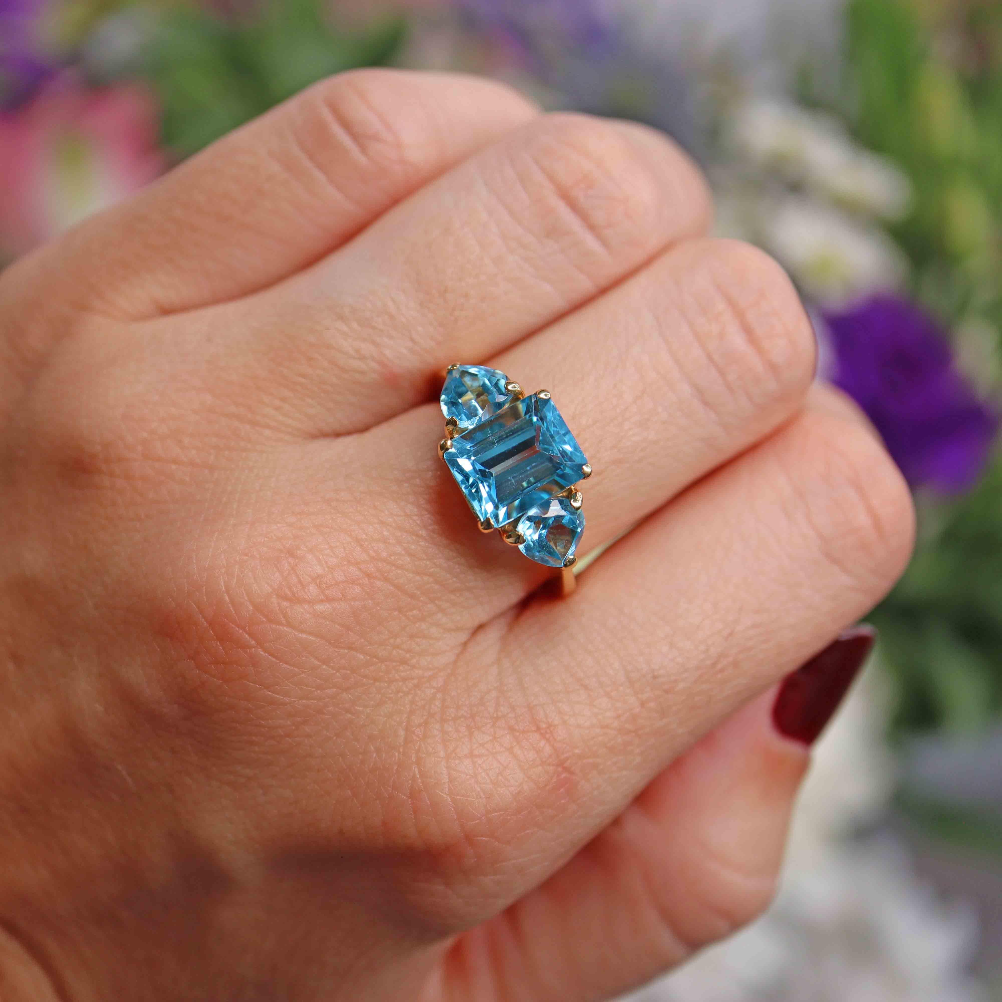 4.05 Ct Swiss Blue Topaz & Yellow Aquamarine Three Stone Ring In 14K White Gold – AAA Quality, Size Shown
