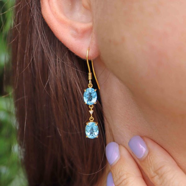 Ellibelle Jewellery Swiss Blue Topaz & Diamond 18ct Gold Drop Earrings