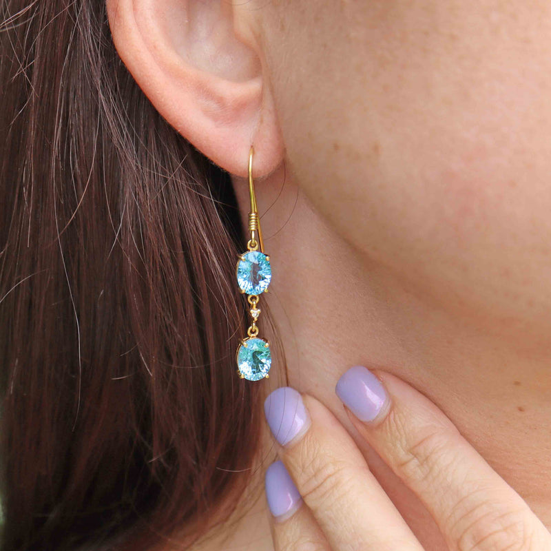 Ellibelle Jewellery Swiss Blue Topaz & Diamond 18ct Gold Drop Earrings