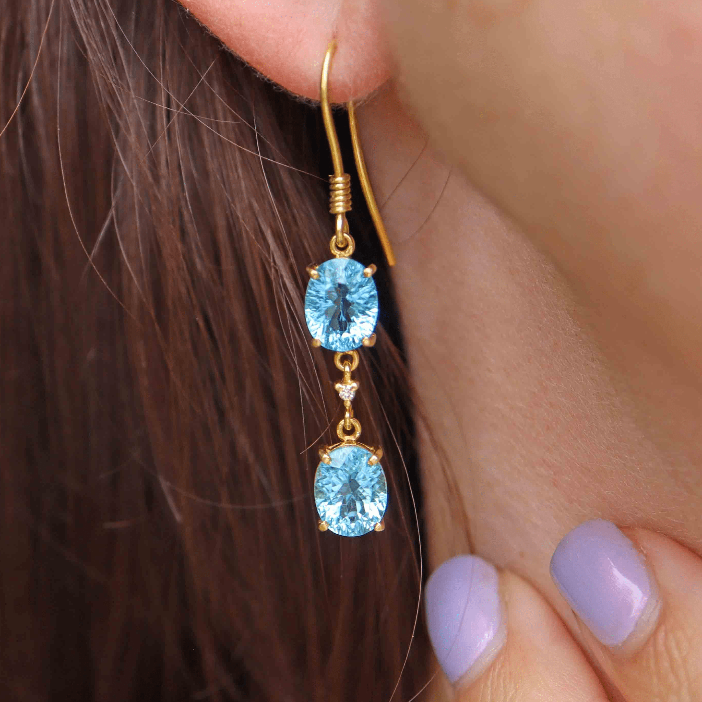 Ellibelle Jewellery Swiss Blue Topaz & Diamond 18ct Gold Drop Earrings