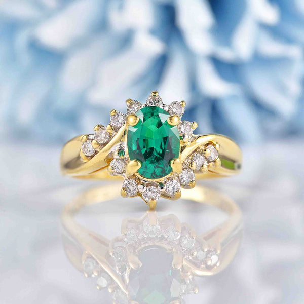 Ellibelle Jewellery Synthetic Emerald & Diamond 18ct Gold Bypass Ring