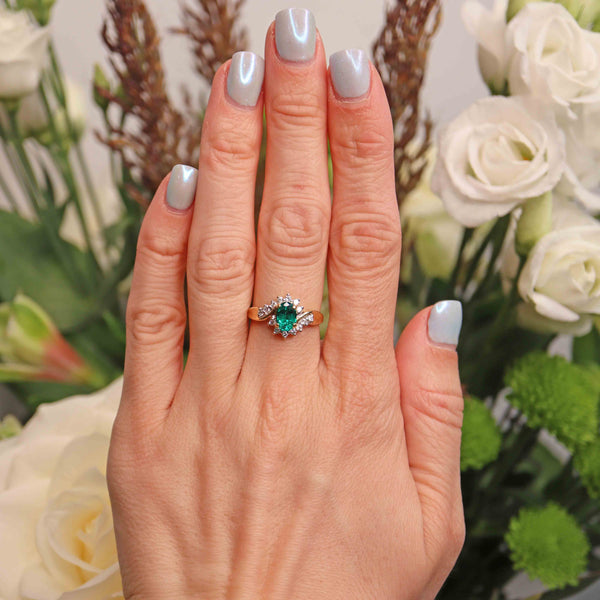 Ellibelle Jewellery Synthetic Emerald & Diamond 18ct Gold Crossover Ring