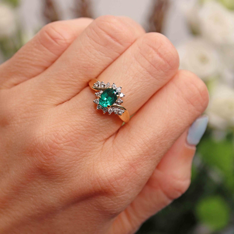 Ellibelle Jewellery Synthetic Emerald & Diamond 18ct Gold Crossover Ring