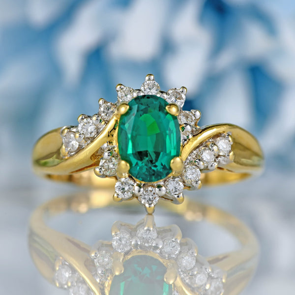 Ellibelle Jewellery Synthetic Emerald & Diamond 18ct Gold Crossover Ring