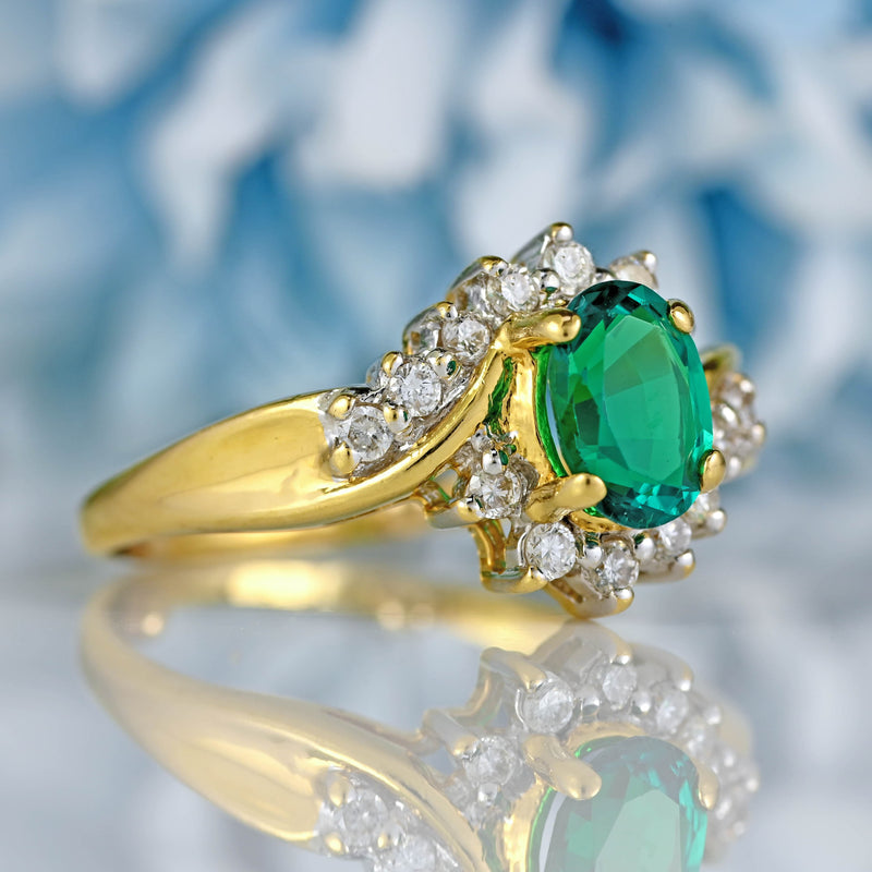 Ellibelle Jewellery Synthetic Emerald & Diamond 18ct Gold Crossover Ring
