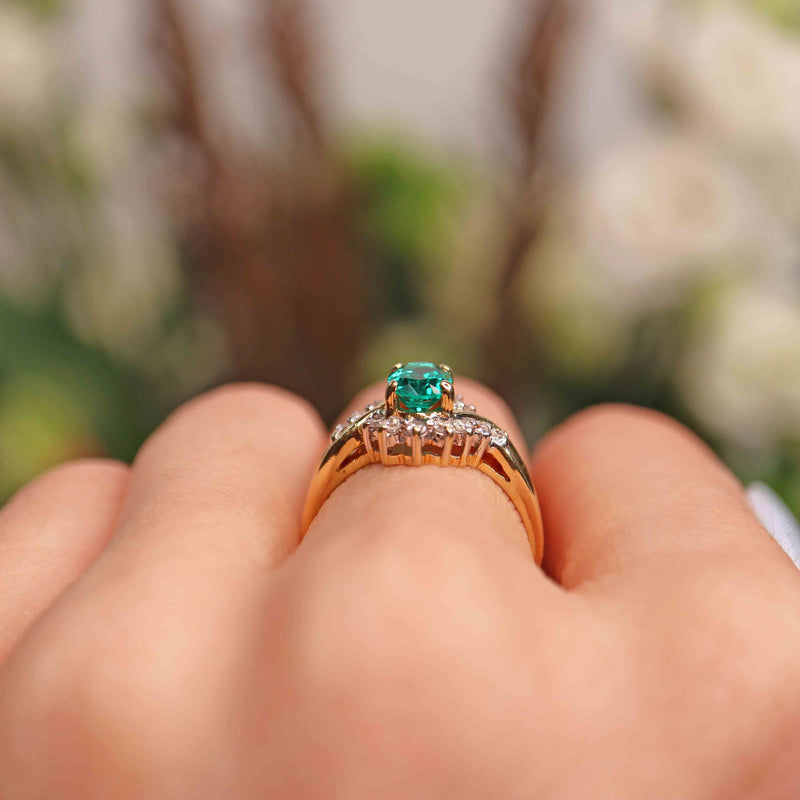 Ellibelle Jewellery Synthetic Emerald & Diamond 18ct Gold Crossover Ring