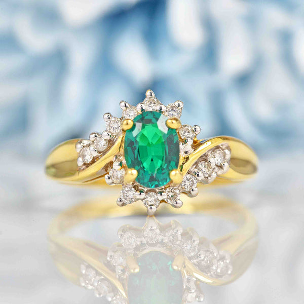 Ellibelle Jewellery Synthetic Emerald & Diamond 18ct Gold Crossover Ring